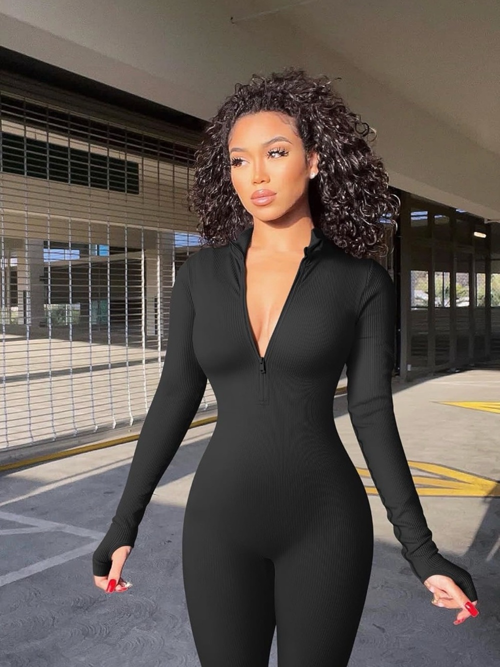 OQQ Black Ribbed Long Sleeve Zip Front Workout Jumpsuit Large
